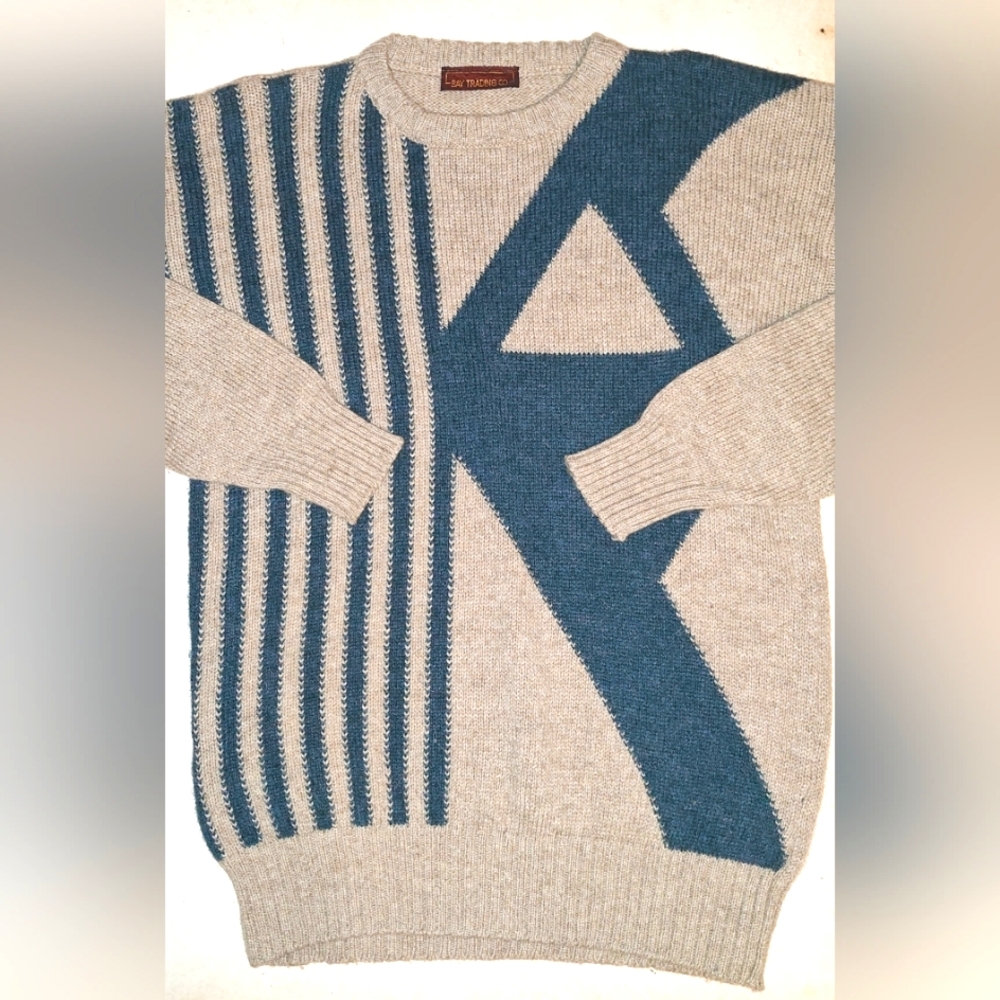 Vintage Cream and Navy Blue Knit Sweater Sz L